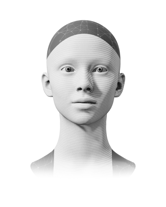 The AI assistant: a 3D face drawn in fine lines that bend over its features, a network of points over the back of its head