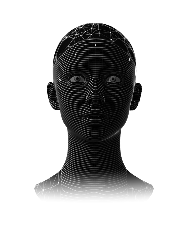 The AI assistant: a 3D face drawn in fine lines that bend over its features, a network of points over the back of its head