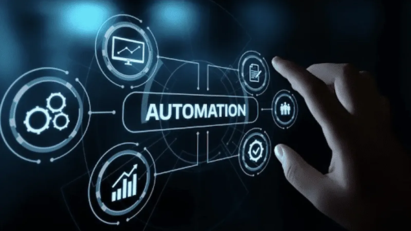 AI automation for marketing: a hand touches an Automation button linked to reports, charts, documents and a team
