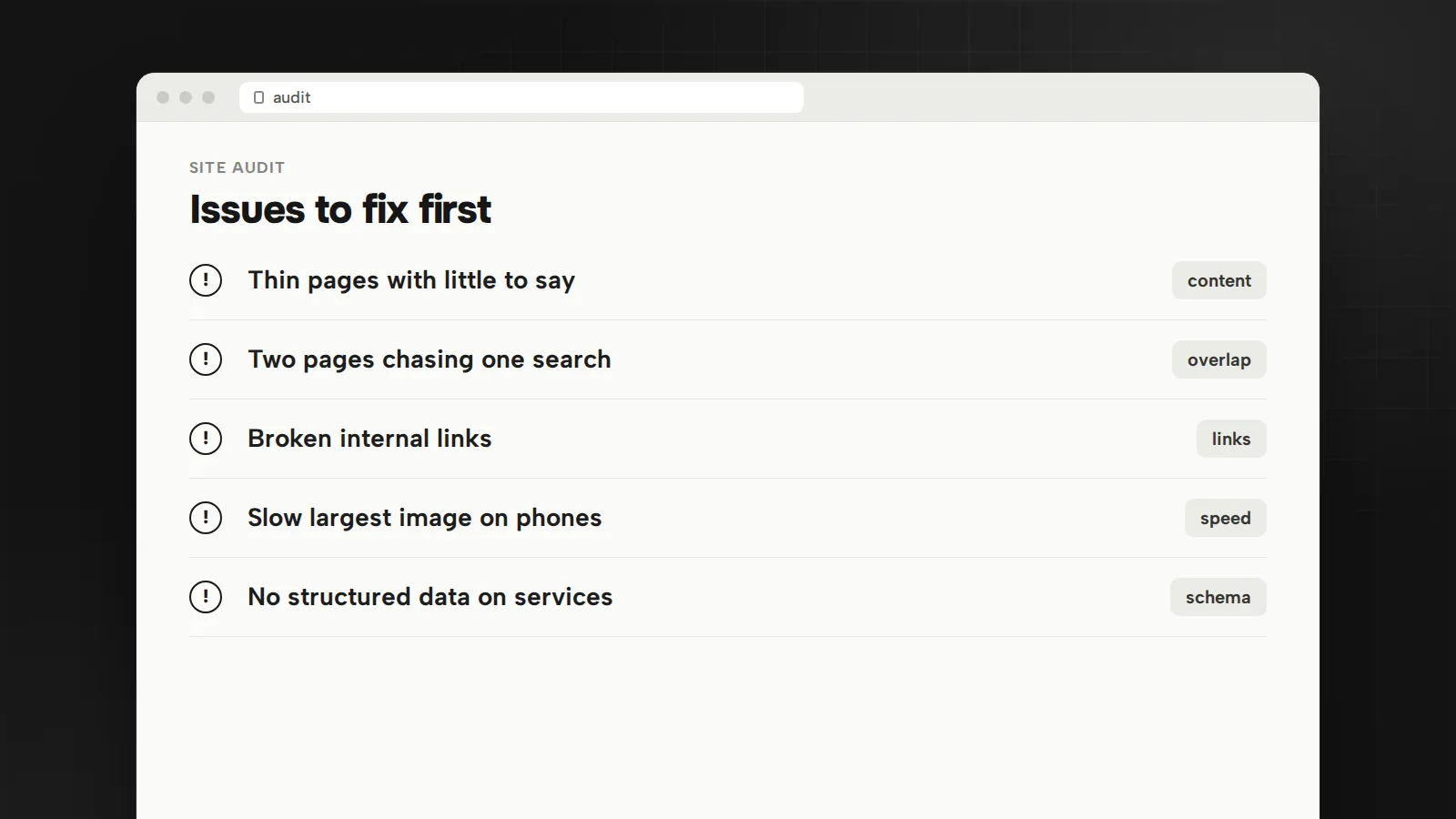 A site audit listing common SEO mistakes: thin pages, cannibalization, broken links, slow images, missing schema and orphan pages