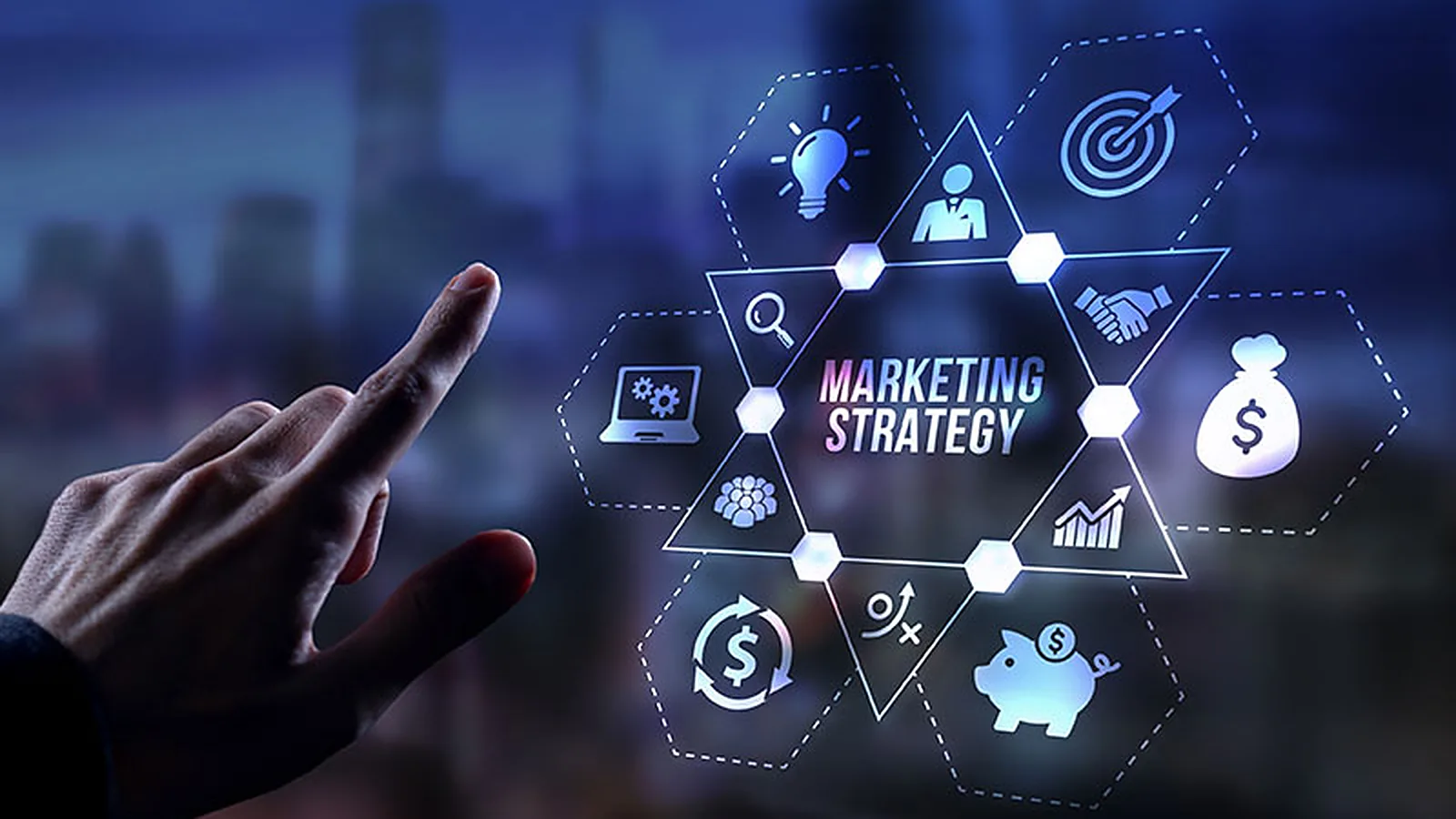 A hand points at a Marketing Strategy diagram that links ideas, targets, customers, budget and growth