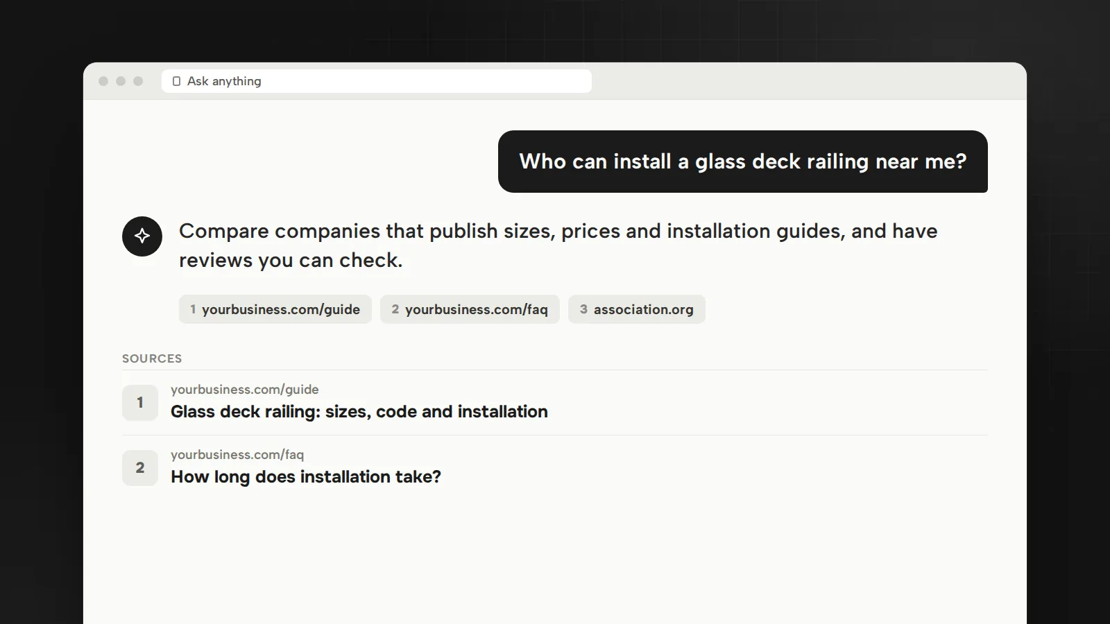 An AI assistant answering a buying question and citing a business’s own guide and FAQ as its sources