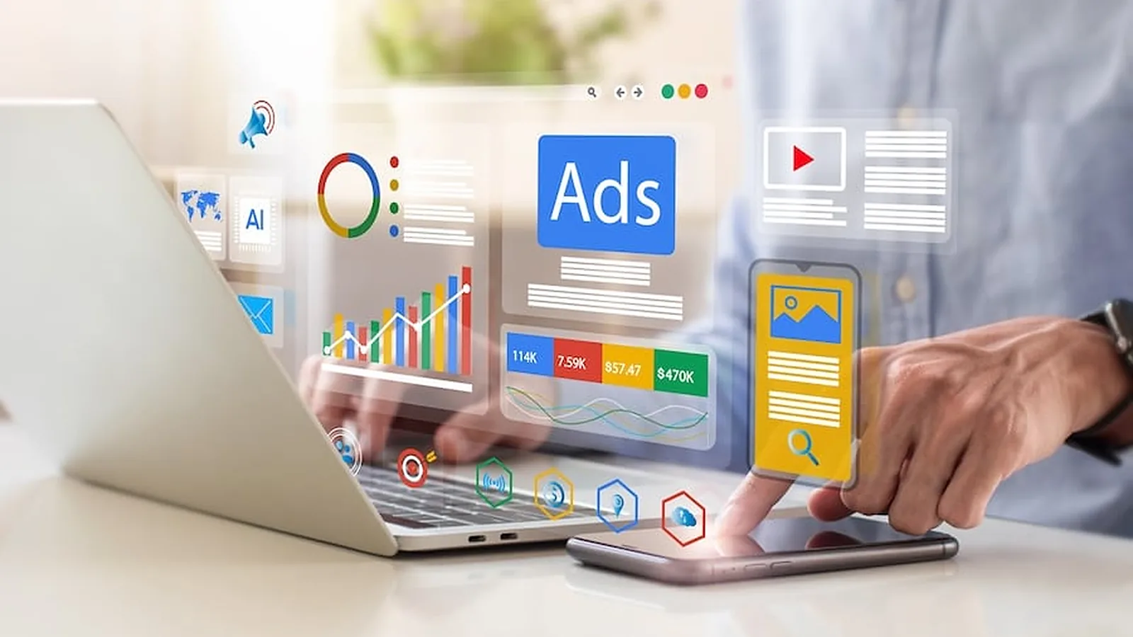 Google Ads campaign management on a laptop and phone, with campaign charts, ad results and an Ads panel