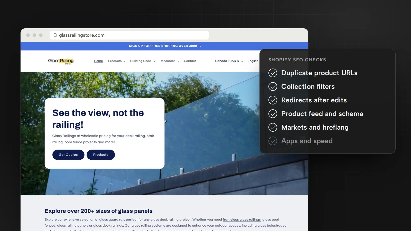 Glass Railing Store Shopify home page beside a Shopify SEO checklist: duplicate URLs, filters, redirects, feed, hreflang and speed
