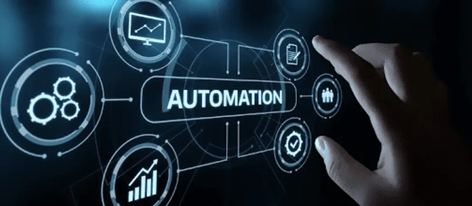 AI automation for business: a hand touches an Automation button linked to reports, charts, documents, settings and a team