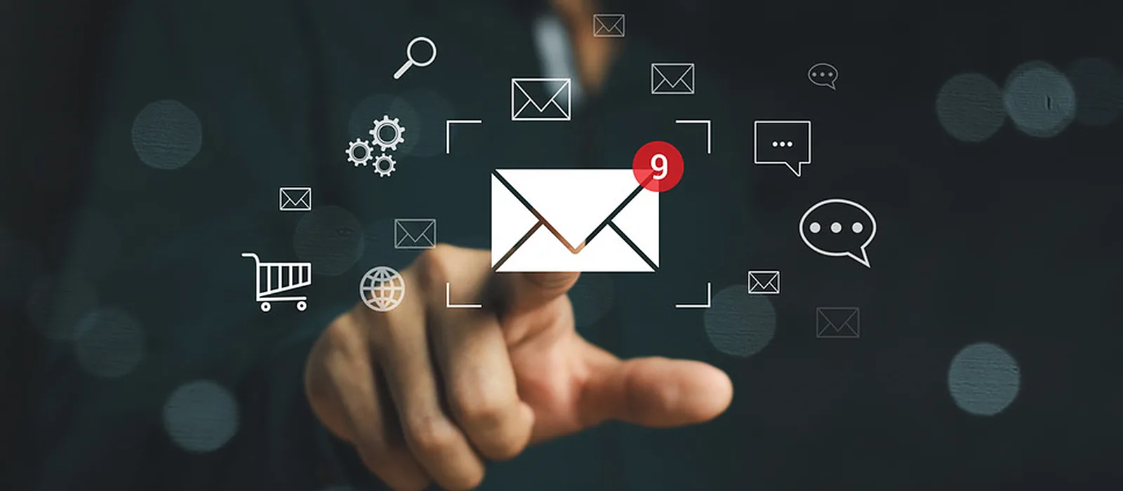 Email marketing and CRM: a finger touches a new email alert surrounded by message, chat, shopping cart and settings icons