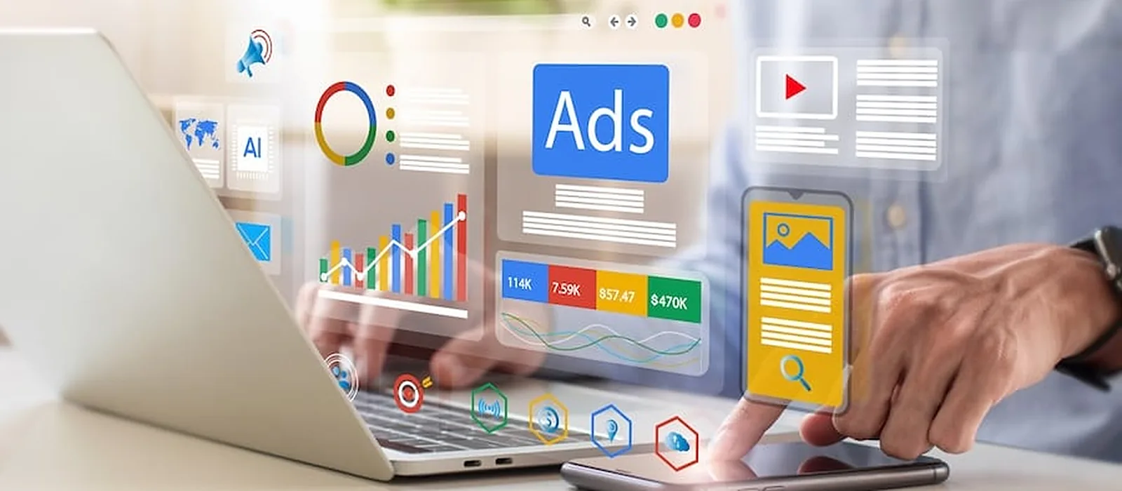 Google Ads and Meta Ads management: a marketer on a laptop and phone with campaign charts, ad results and an Ads panel