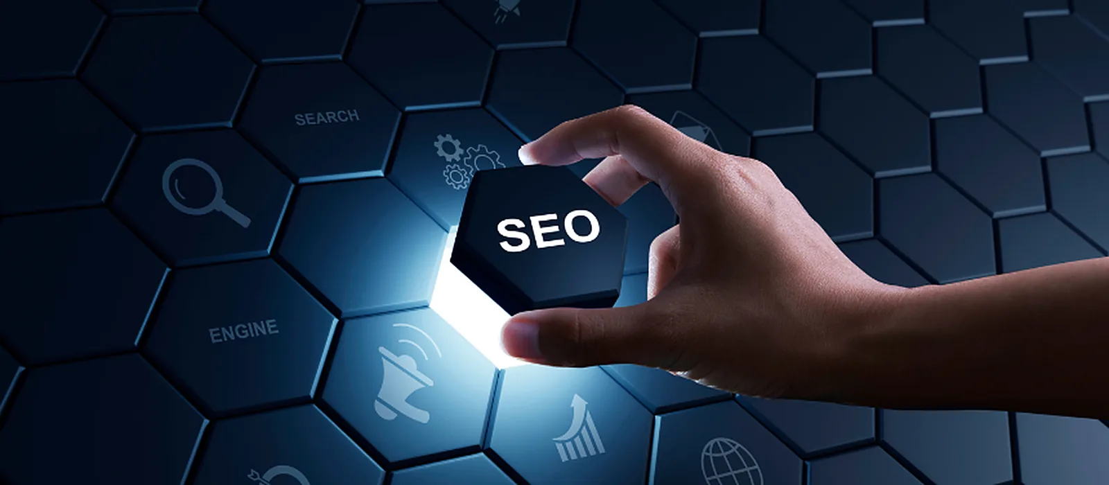 SEO and AI search: a hand places a glowing SEO tile among search, engine, analytics and global reach icons