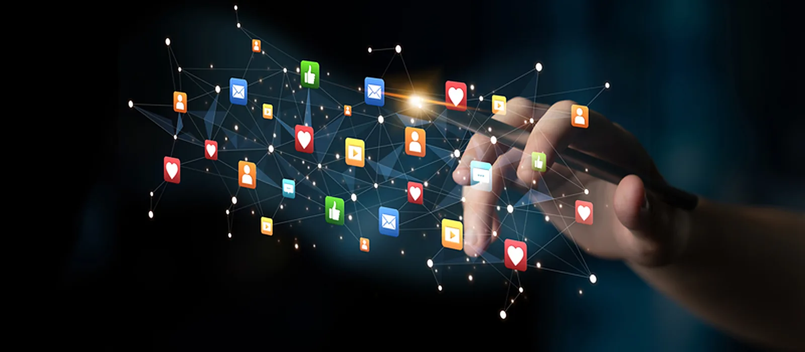 Social media content marketing: likes, messages, videos and followers spread as a network from a hand holding a phone