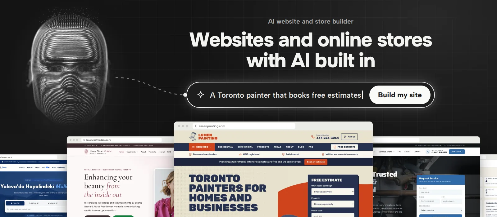 Website development and ecommerce with AI built in Website development and ecommerce with AI: an AI face made of light beside a prompt that builds a site, above websites and an admin he built