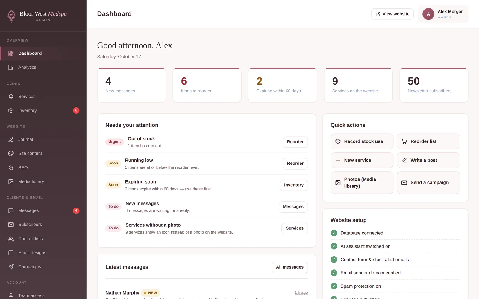 Bloor West Medspa admin dashboard with new messages, items to reorder, expiring stock and a needs-attention list