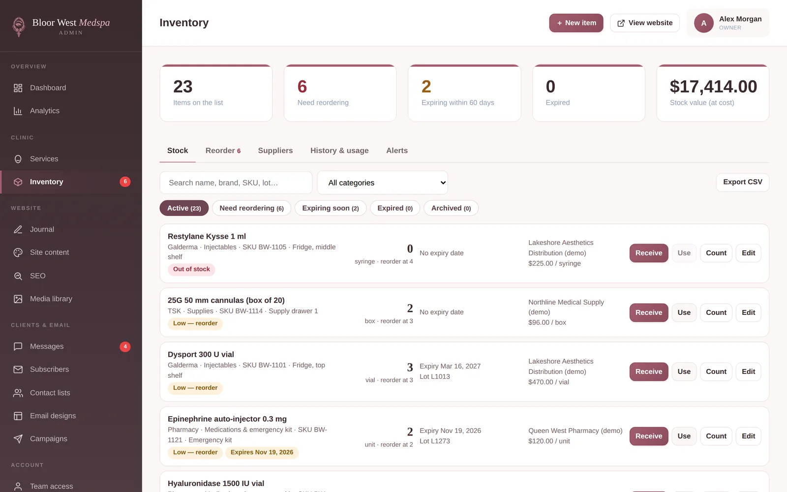 Bloor West Medspa admin inventory with stock levels, items to reorder, expiry dates and stock value