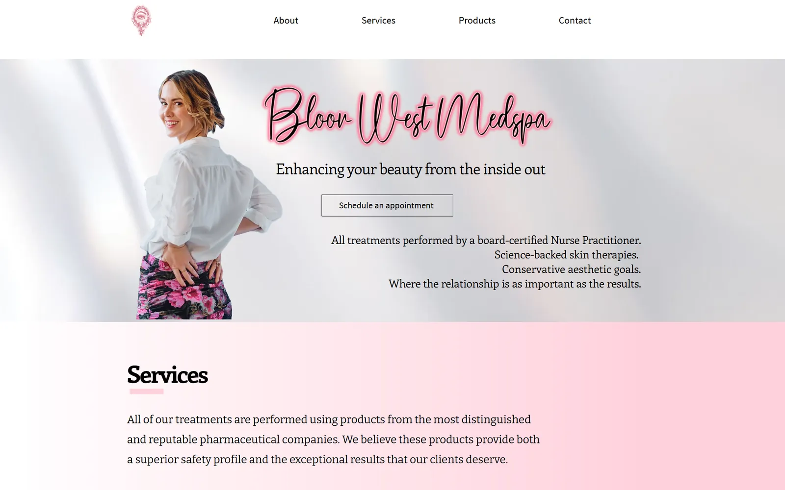 Bloor West Medspa’s old home page: the clinic’s name in script over a photo, Enhancing your beauty from the inside out and a Schedule an appointment button