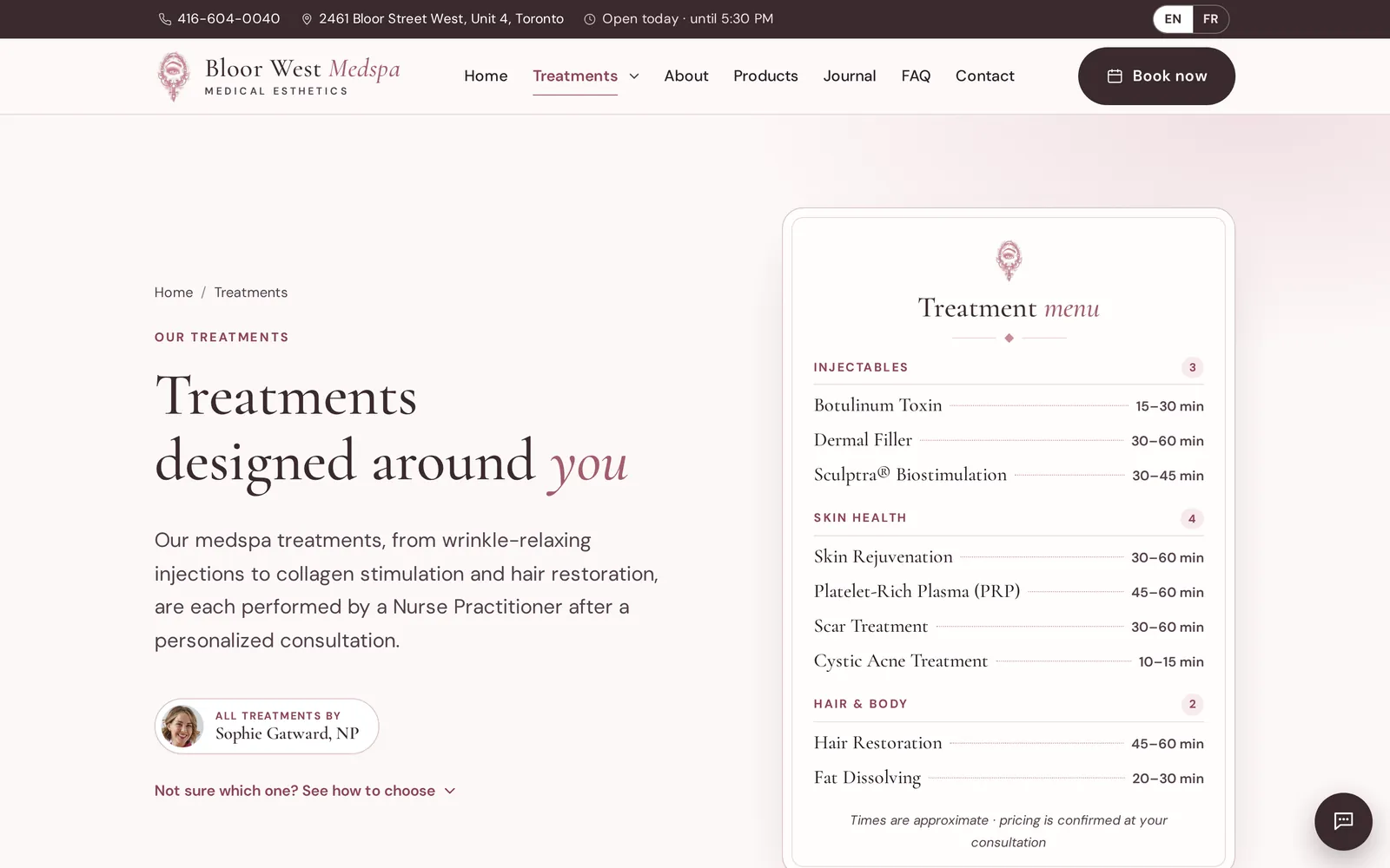 Bloor West Medspa treatments page: Treatments designed around you, with a treatment menu of injectables, skin health and hair and body treatments and how long each takes