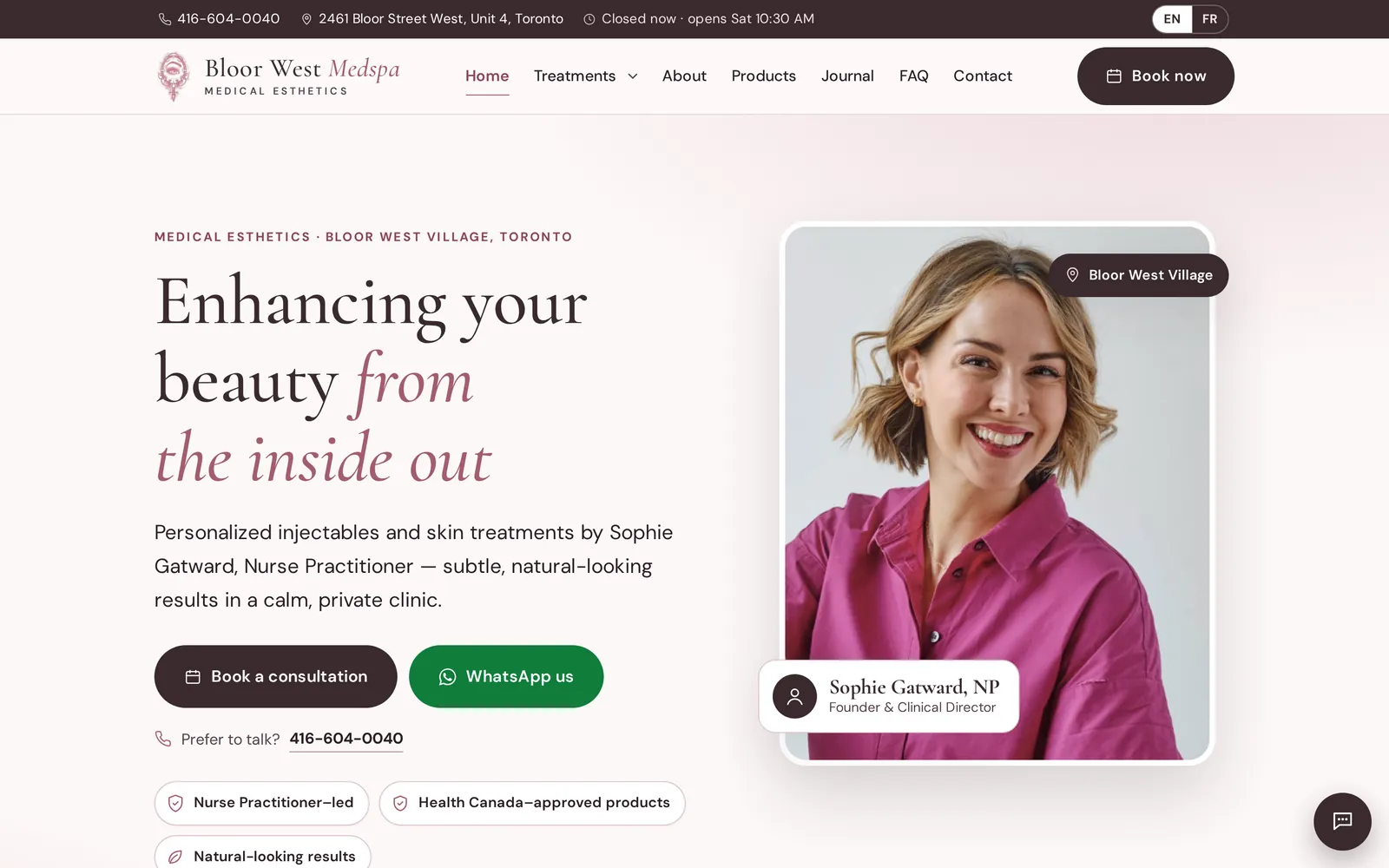 Bloor West Medspa website, home page Bloor West Medspa website home page
