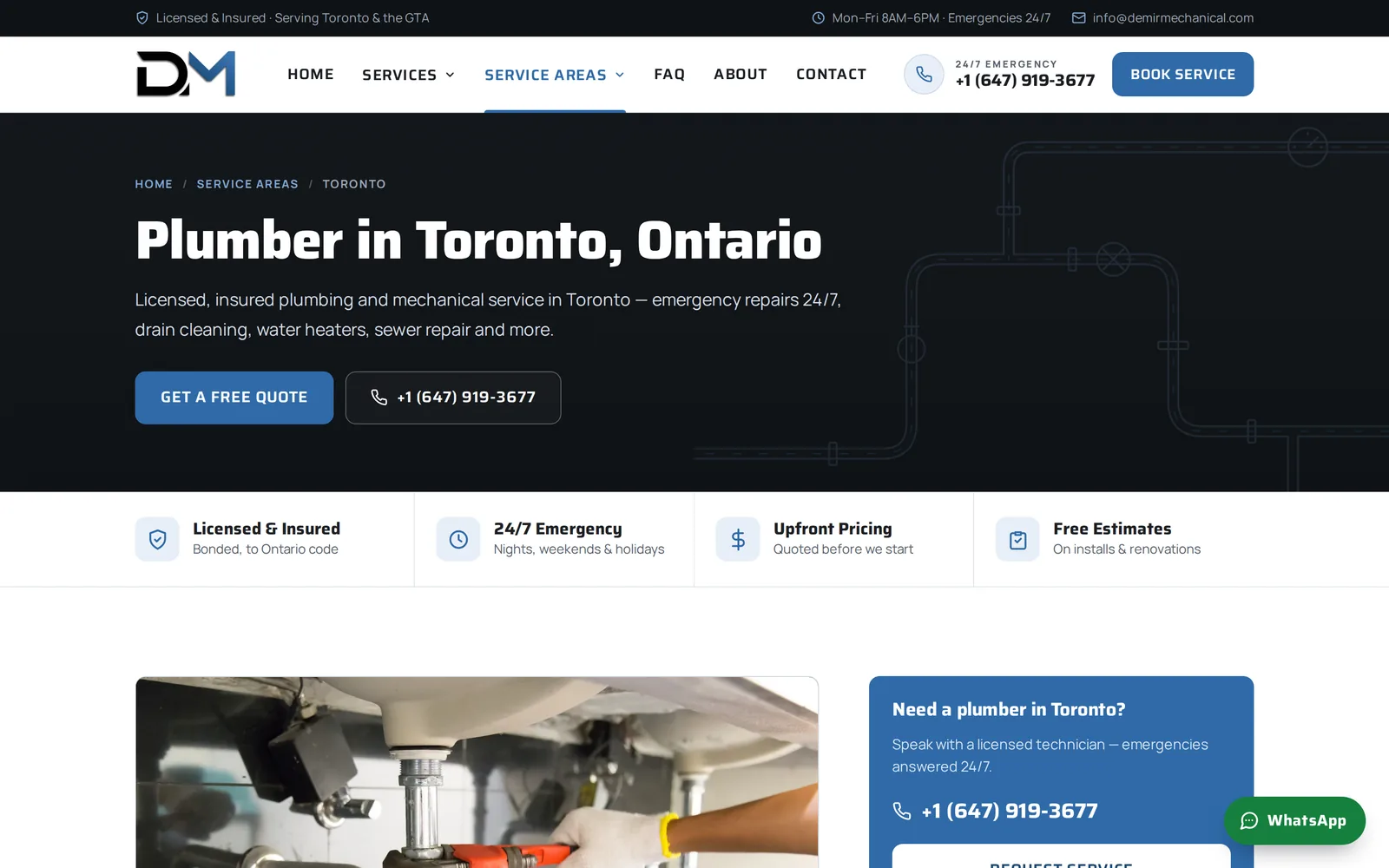 Demir Mechanical plumber in Toronto page with call and quote buttons