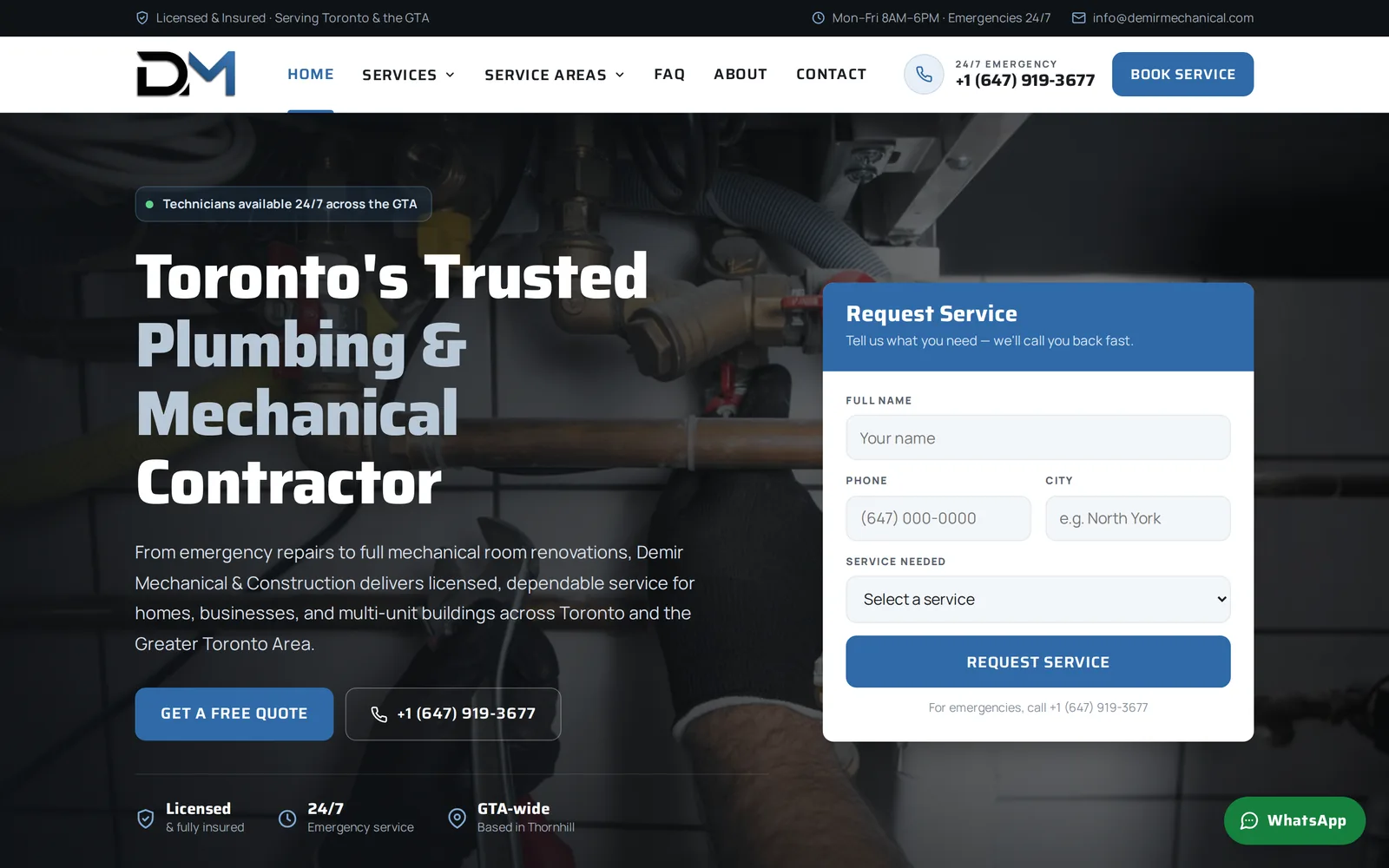 Demir Mechanical website, home page Demir Mechanical & Construction website home page: Toronto plumbing and mechanical contractor with a service request form