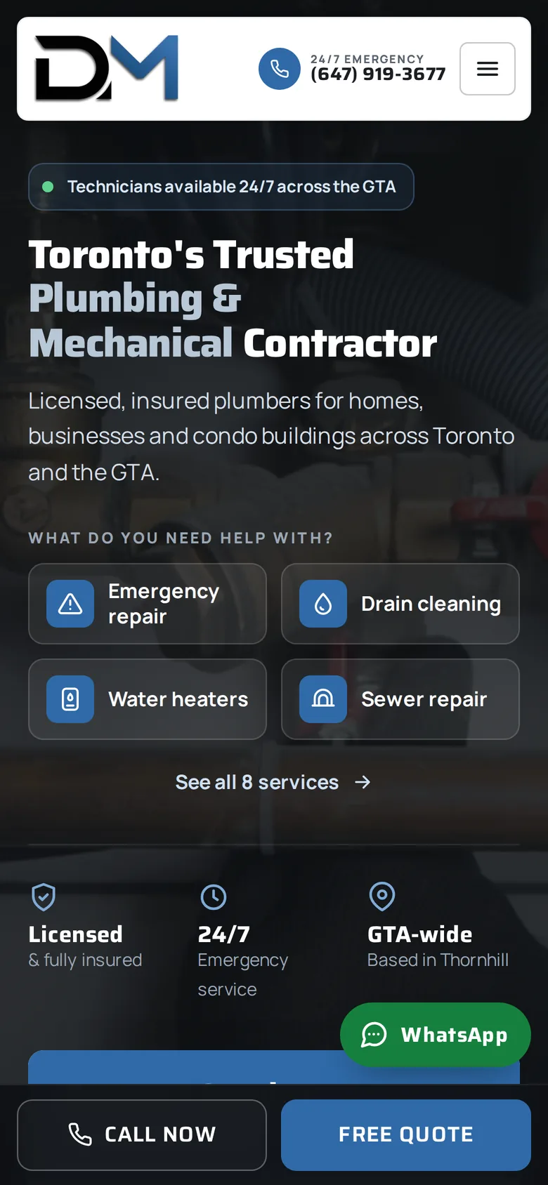 Demir Mechanical website on a phone with service tiles and a Call Now bar