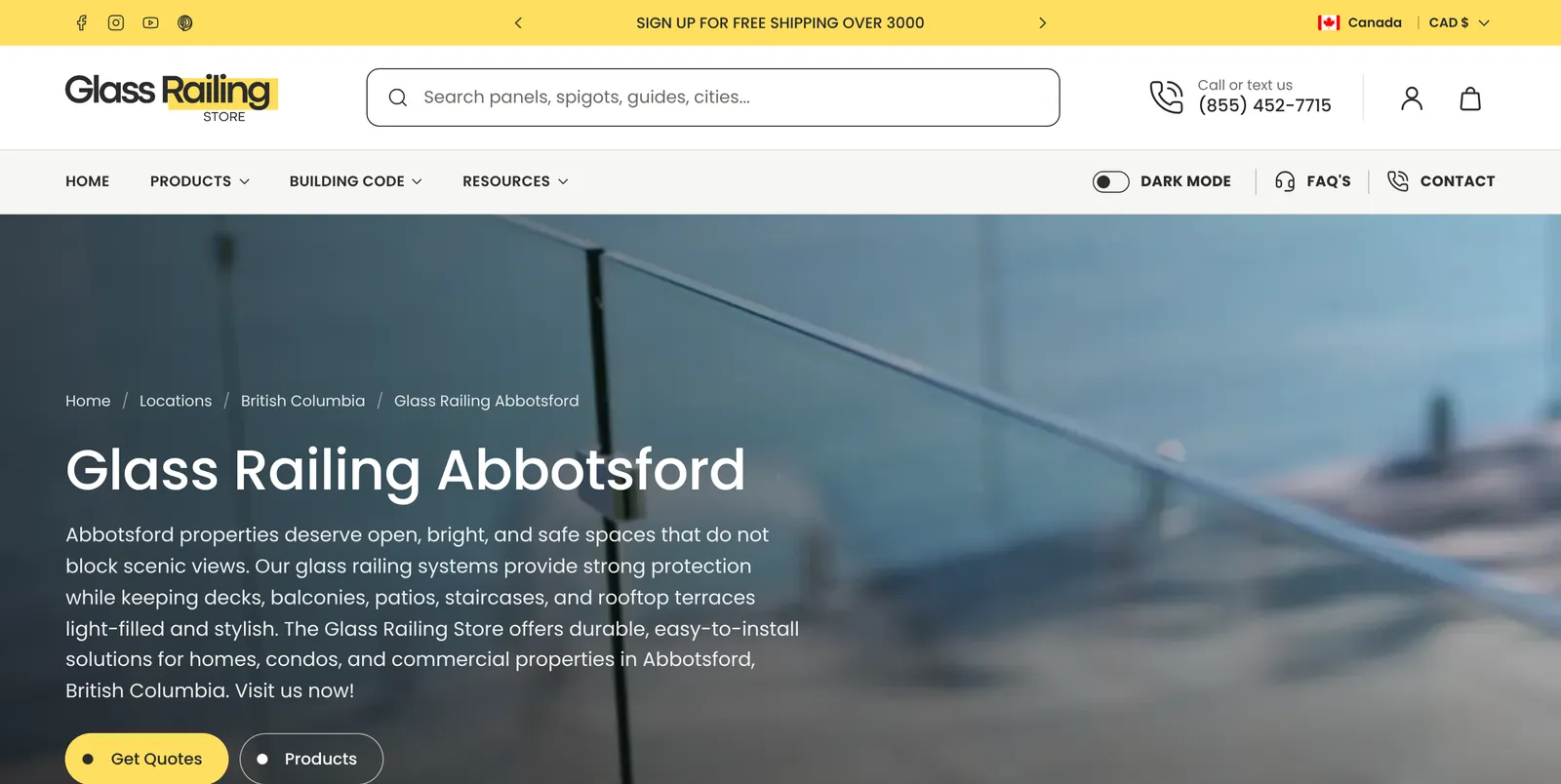 Glass Railing Store 2027 redesign, location page Glass Railing Abbotsford location page in the 2027 redesign with breadcrumbs and quote buttons