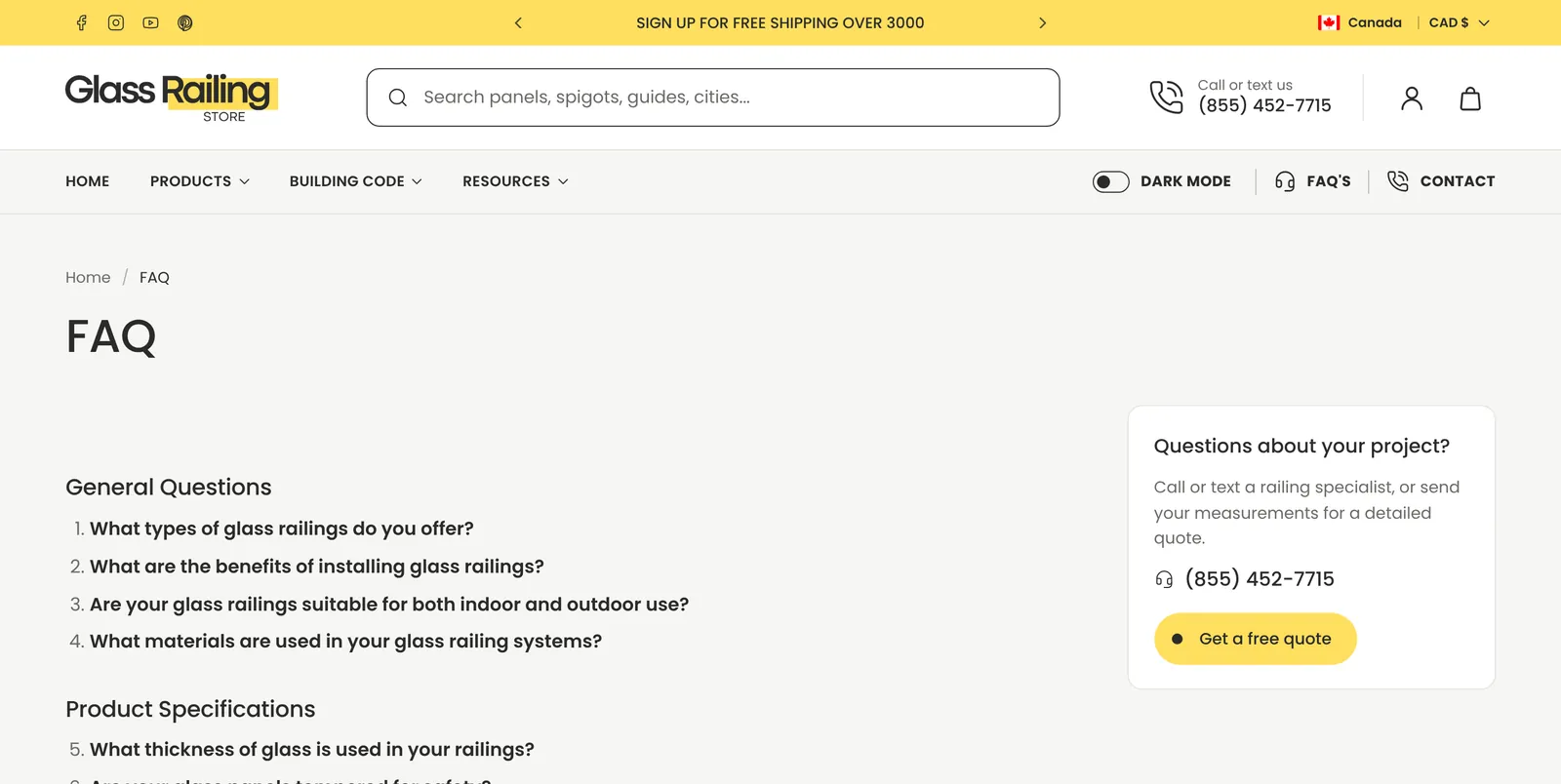 Glass Railing Store 2027 redesign, FAQ FAQ page in the 2027 redesign with numbered questions by topic and a quote box