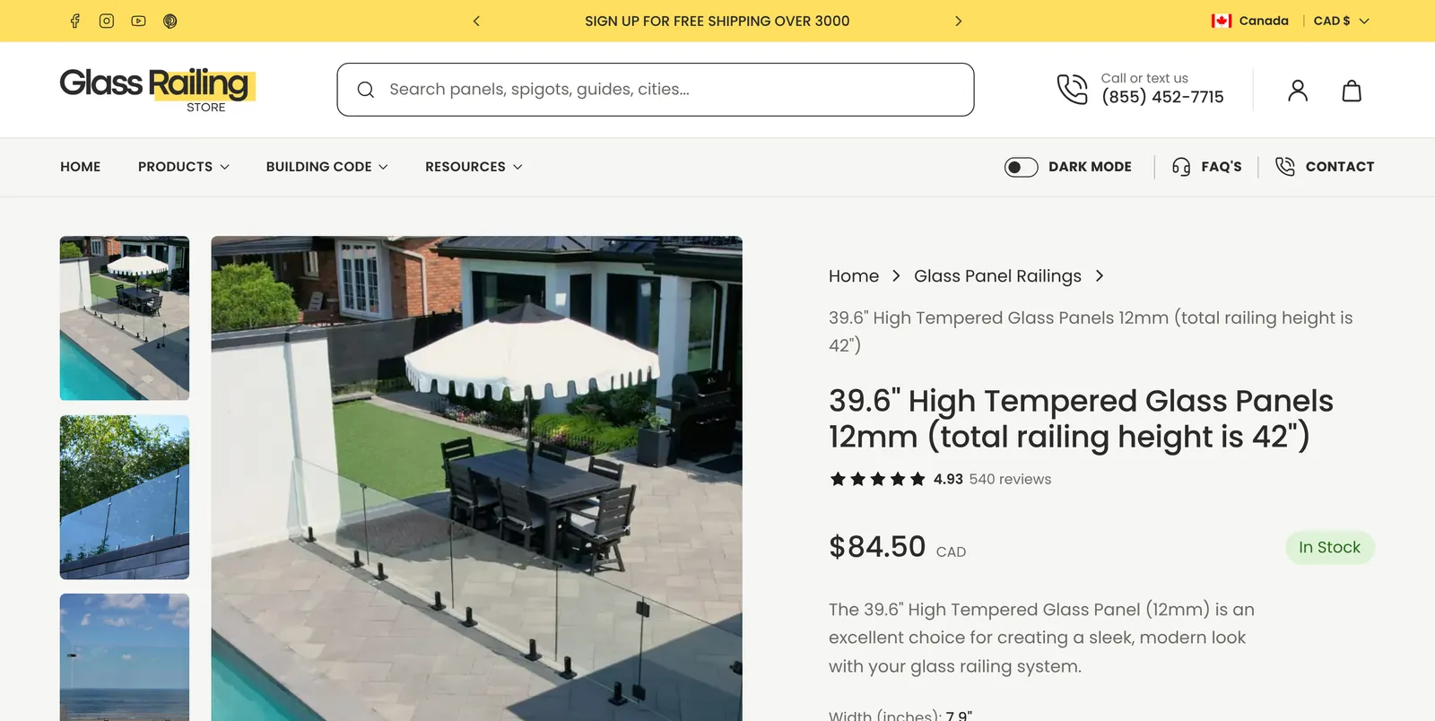 Glass Railing Store 2027 redesign, product page 39.6 inch tempered glass panel page in the 2027 redesign with photos, price, stock and width options