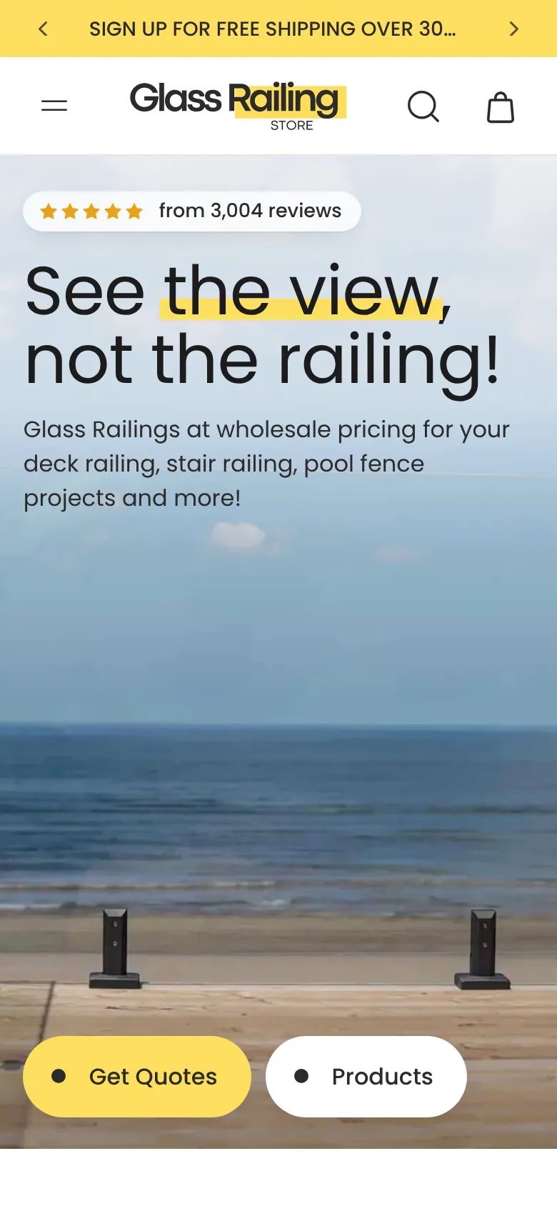 Glass Railing Store 2027 redesign home page on a phone