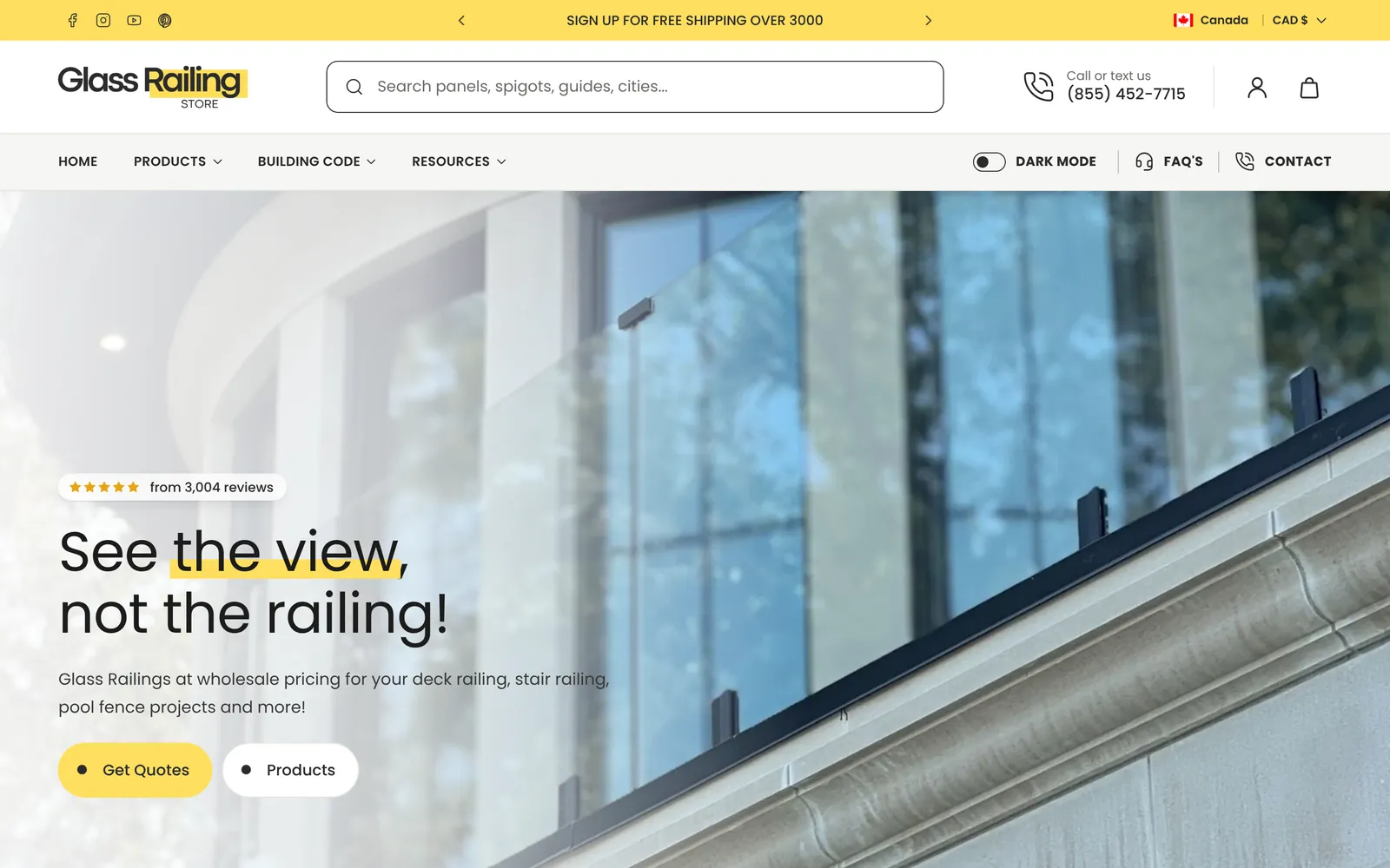 Glass Railing Store, 2027 redesign Glass Railing Store home page in the 2027 redesign: See the view, not the railing, under a new header with search and phone