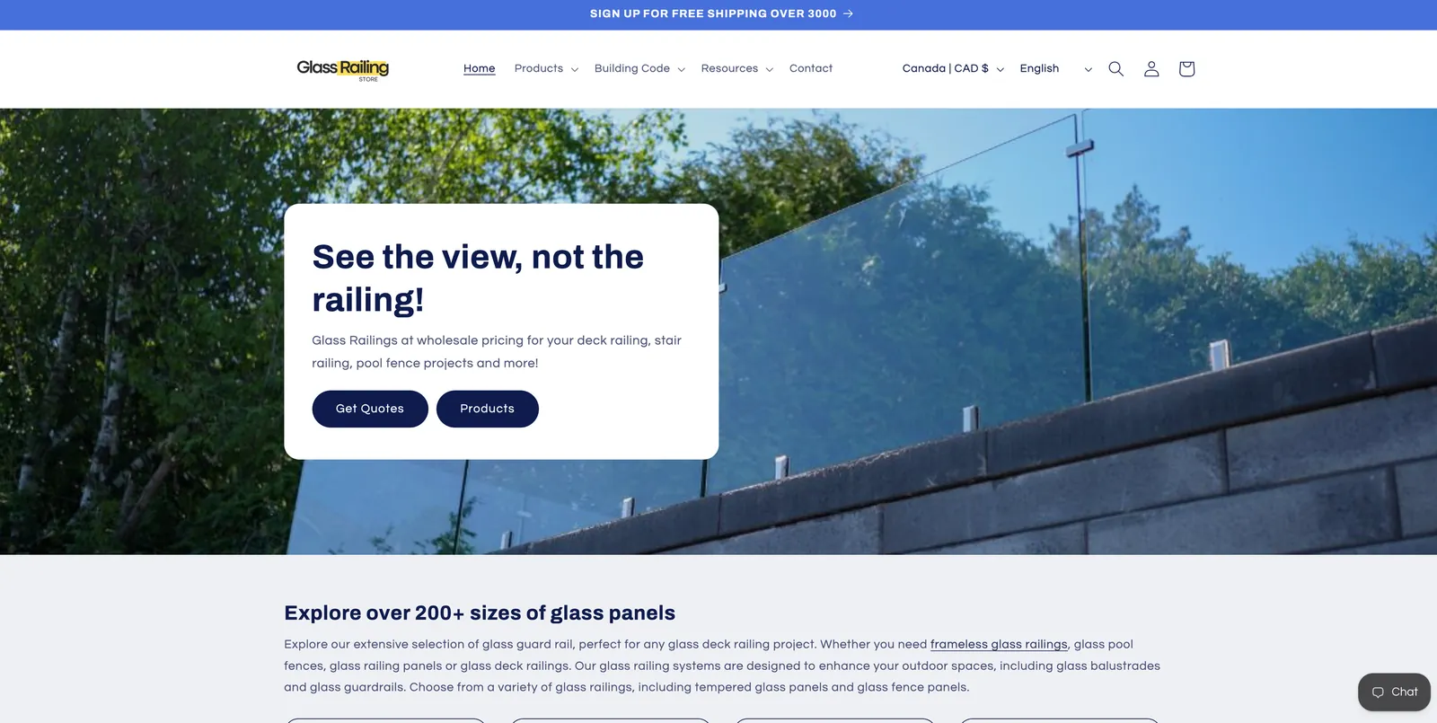 Glass Railing Store, home page Glass Railing Store home page hero over a frameless glass deck railing