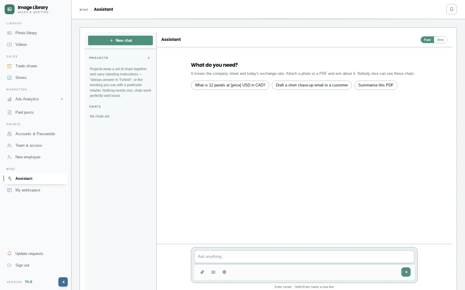 AI assistant in the Image Library sales app with chat projects, fast and thorough modes and suggested prompts