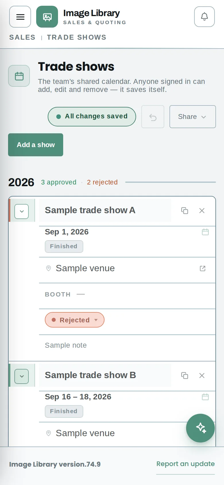 Trade show calendar from the Image Library sales app on a phone