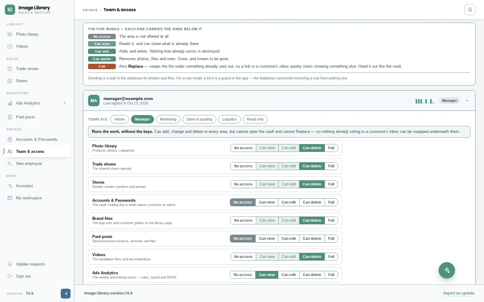 Team and access screen of the Image Library sales app with five permission levels and one member’s access for eight areas