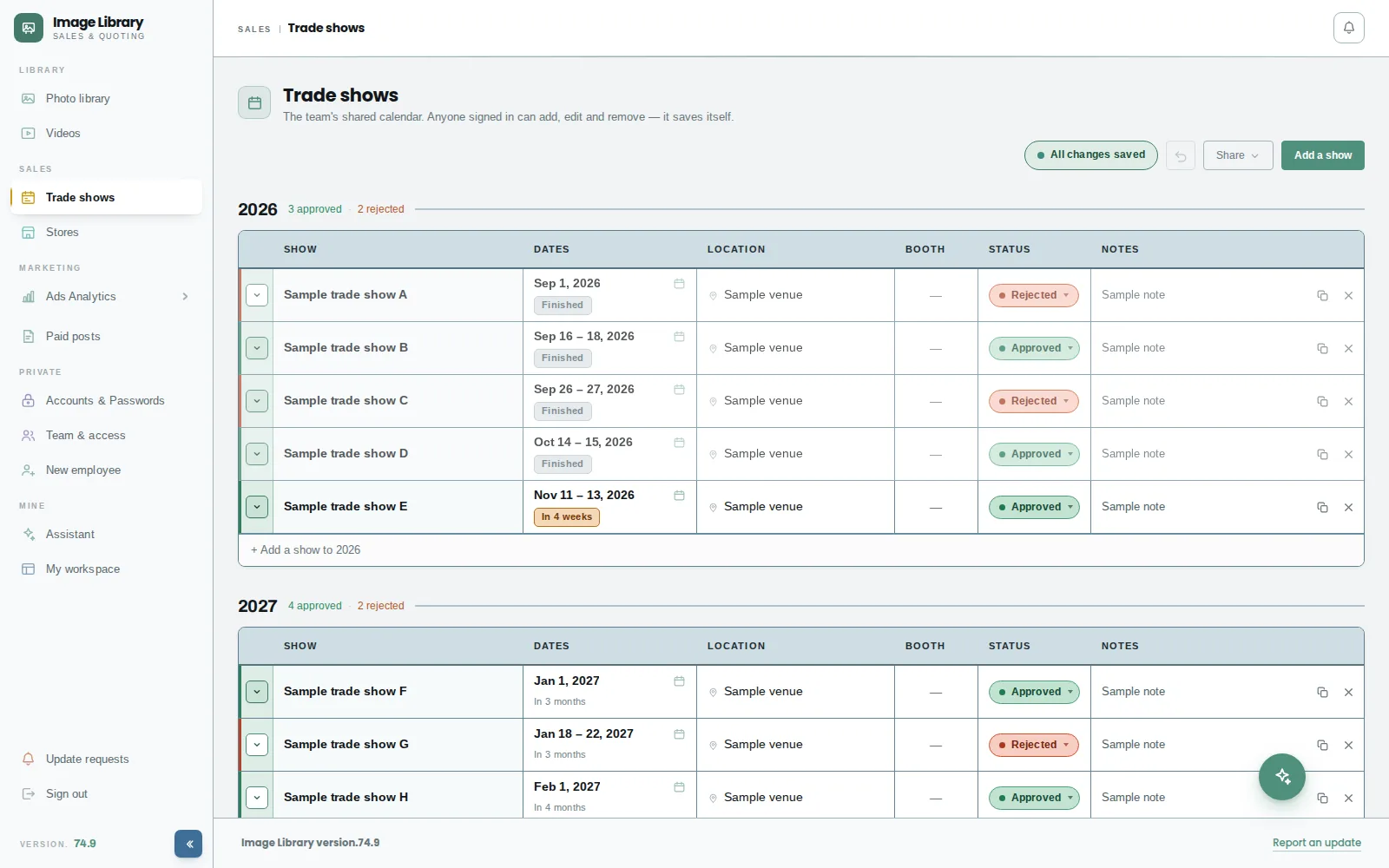 Trade show calendar in the Image Library sales app, grouped by year with dates, countdowns and status pills
