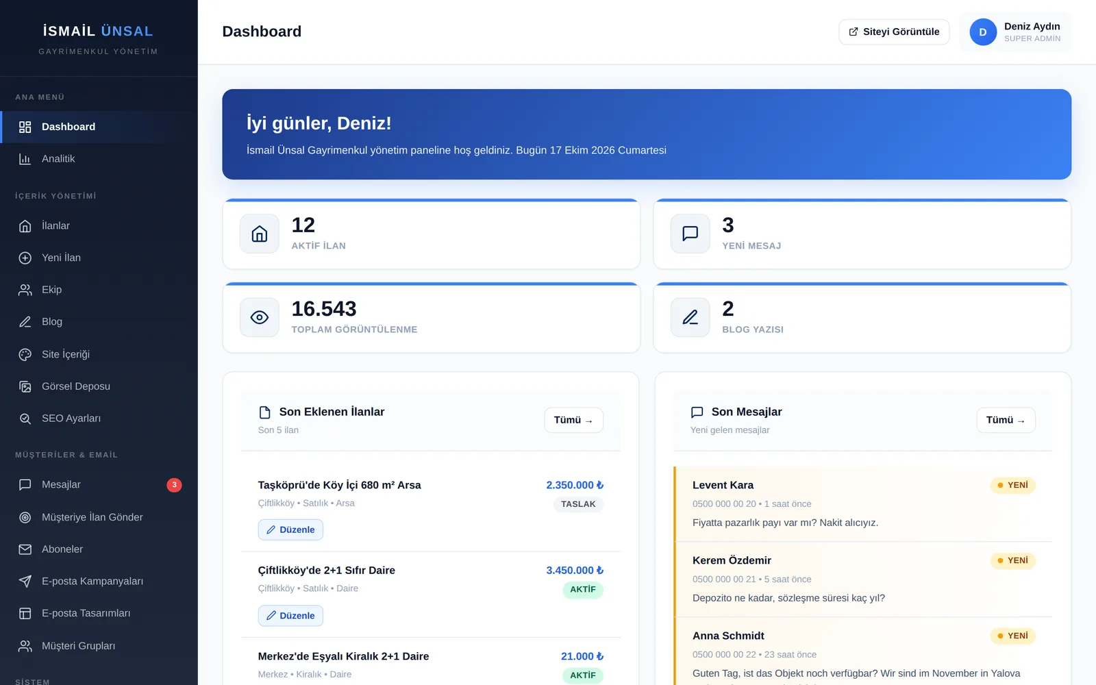 Unsal Real Estate admin dashboard in Turkish with active listings, new messages, views and the latest listings