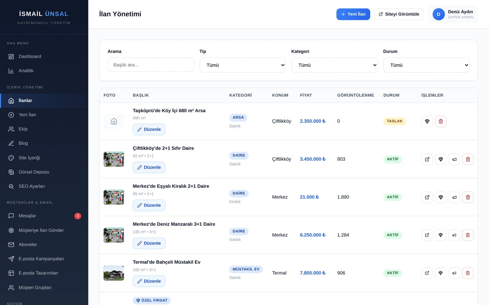 Unsal Real Estate admin listings screen in Turkish with prices in lira, views and status
