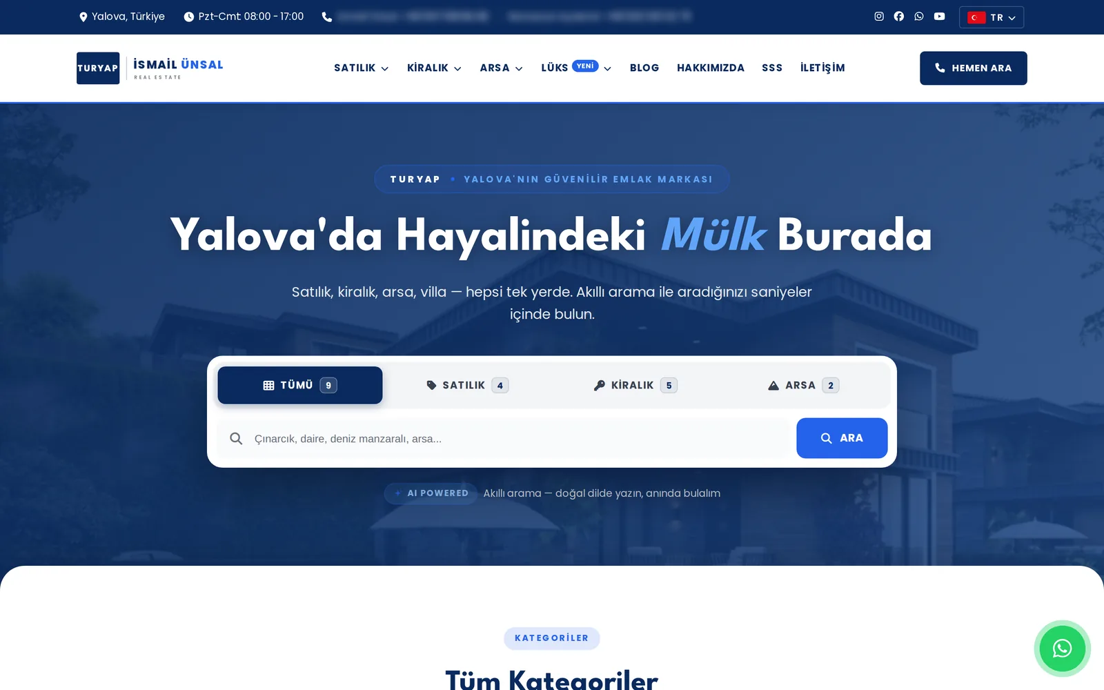 Unsal Real Estate website, home page Unsal Real Estate website home page in Turkish with a smart property search for Yalova