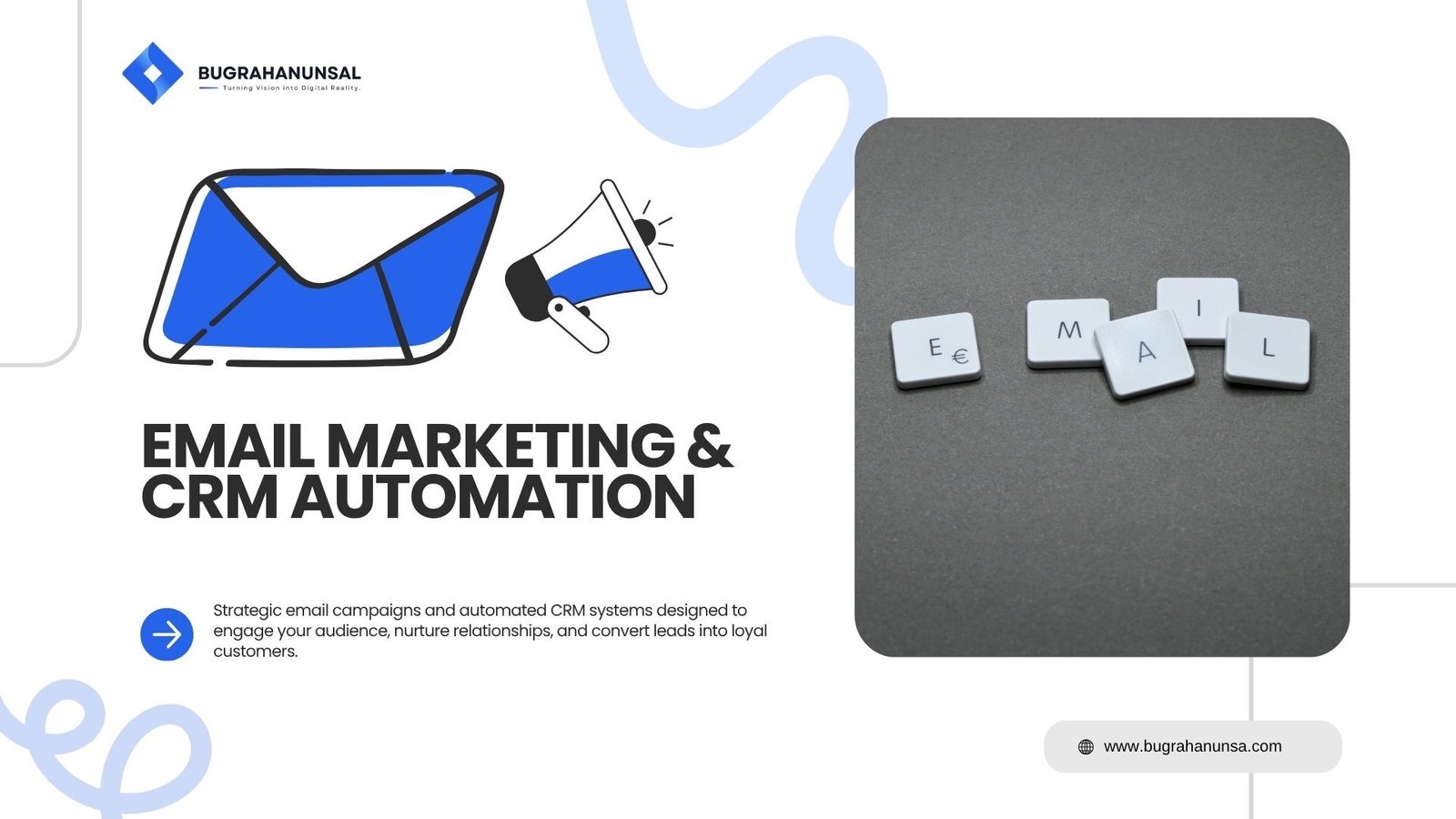 Email marketing and CRM automation illustration with envelope and newsletter icons