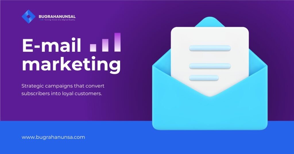 Email icon inside an envelope on a purple background, representing email marketing campaigns, automation, and subscriber engagement strategies.