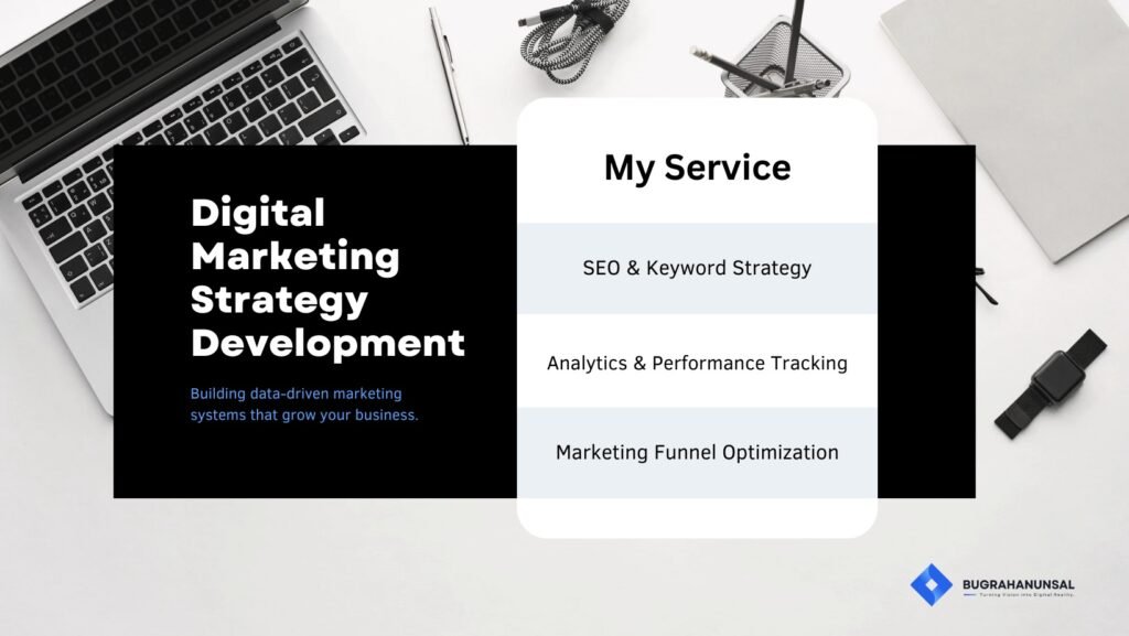Digital marketing strategy graphic on laptop workspace showing SEO strategy, analytics tracking, and funnel optimization.
